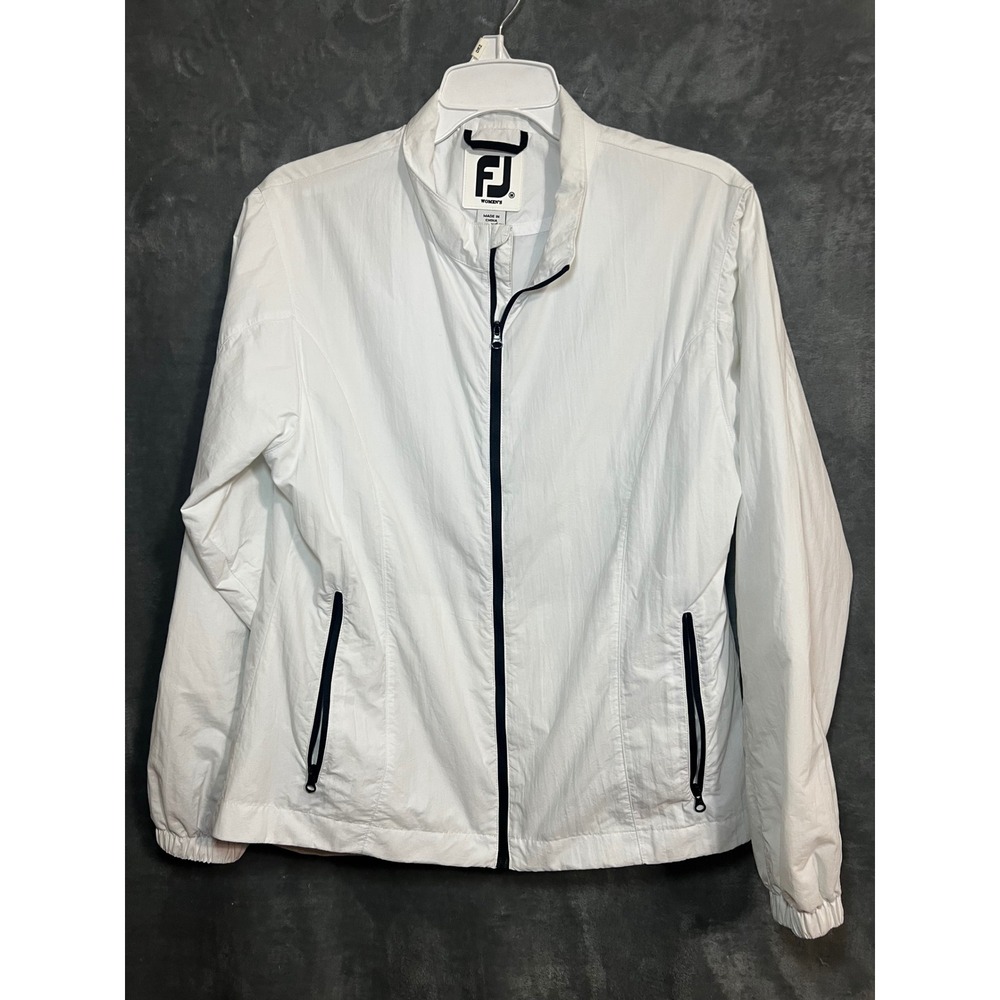 FootJoy White Golf Windbreaker Jacket Full Zip Black Trim M Mock Neck Pockets